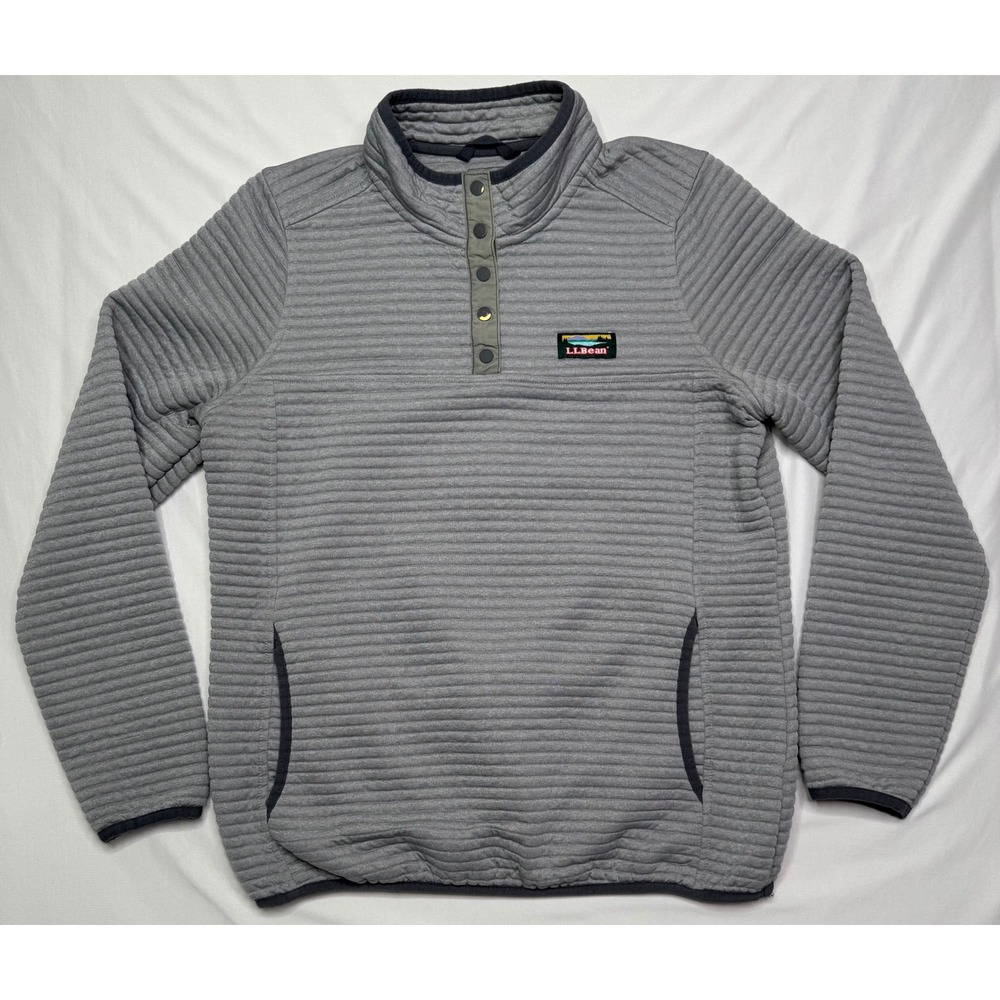 LL Bean Womens Gray Quilted Fleece Snap Neck Pullover Sweatshirt Size Medium M
